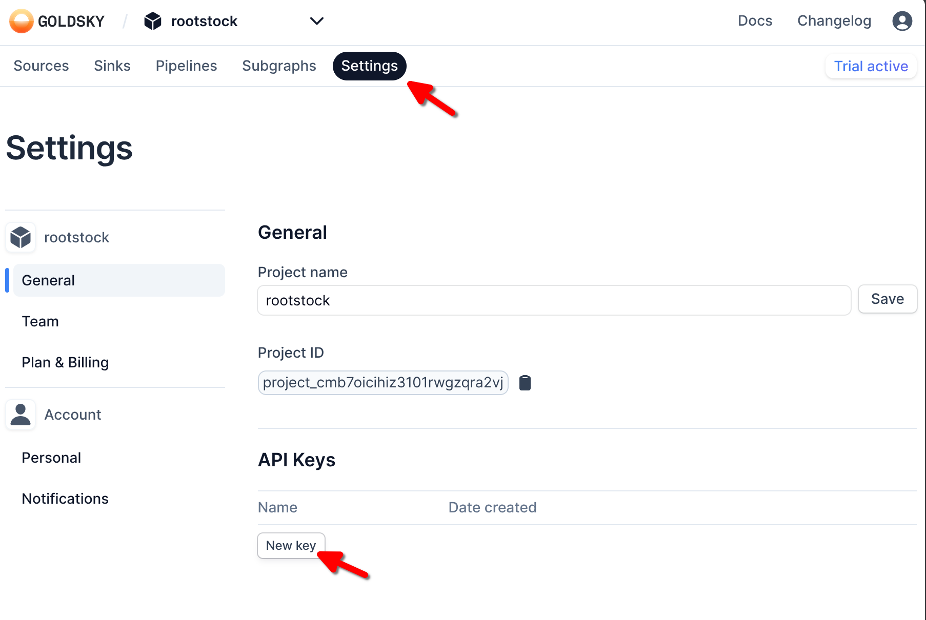 Goldsky dashboard settings